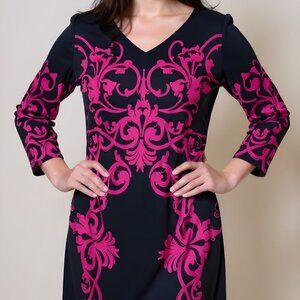 David Meister Navy & Pink Scroll Print Dress, V-Neck, 3/4 Sleeve